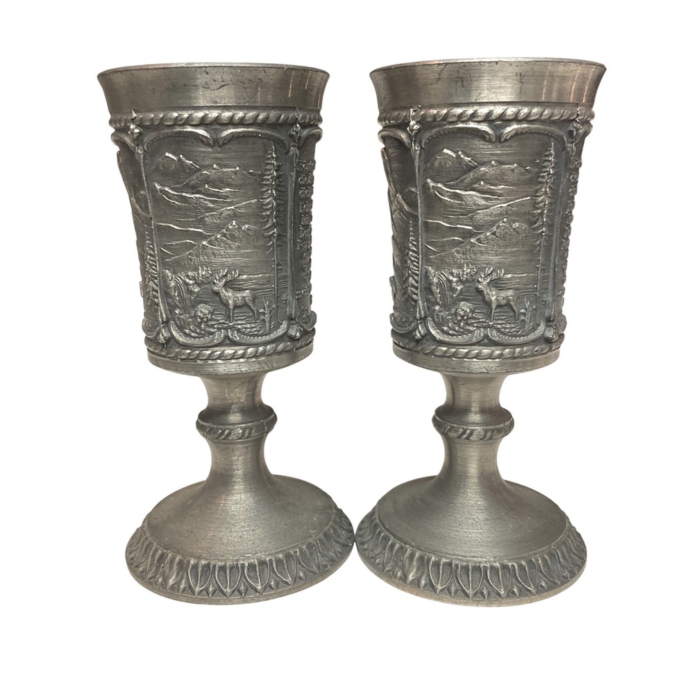Vintage German Pewter Mini Goblets Pair 3" Zinn Figural Chalice Mountain Lodge